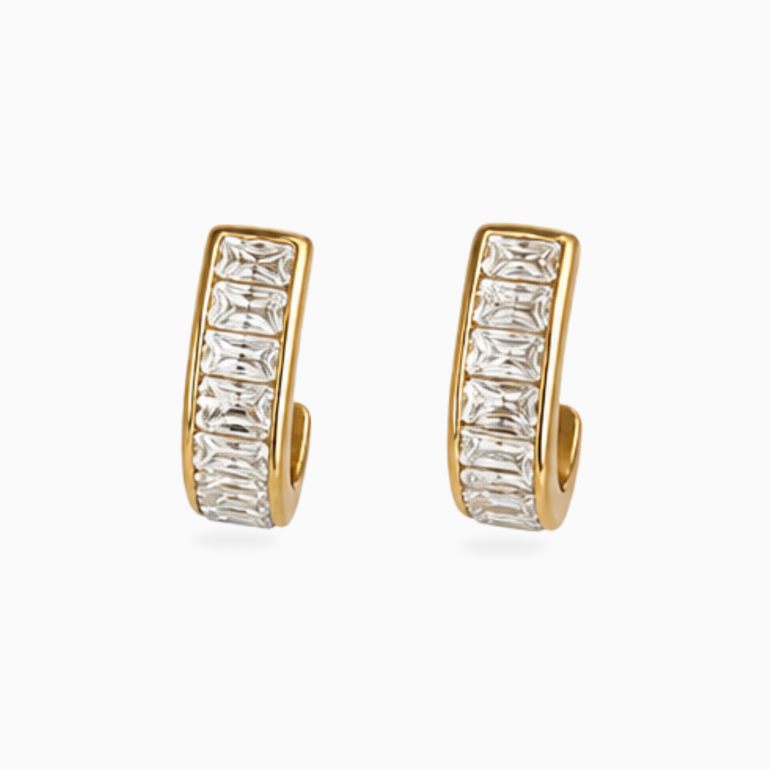 Pair of gold-tone stainless steel huggie earrings with rectangular clear stones