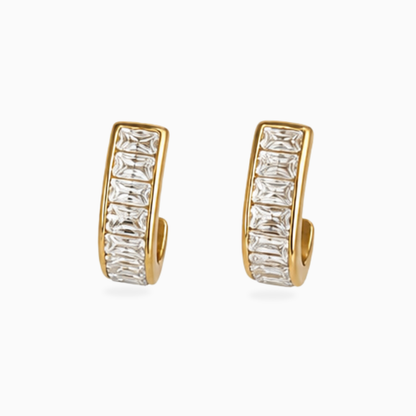 Pair of gold-tone stainless steel huggie earrings with rectangular clear stones
