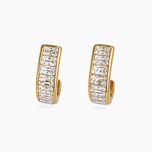 Pair of gold-tone stainless steel huggie earrings with rectangular clear stones