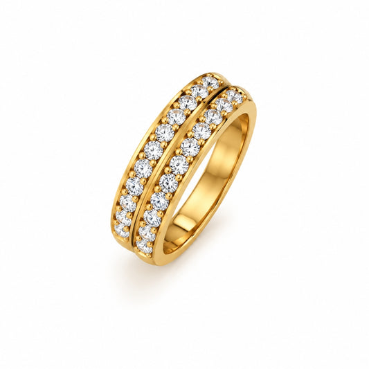 Gold-tone stainless steel band ring with two rows of round clear stones