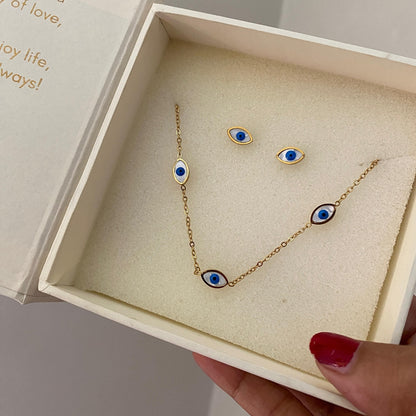 Evil eye necklace and stud set in a DulchiBliss kraft gift box with thank-you card