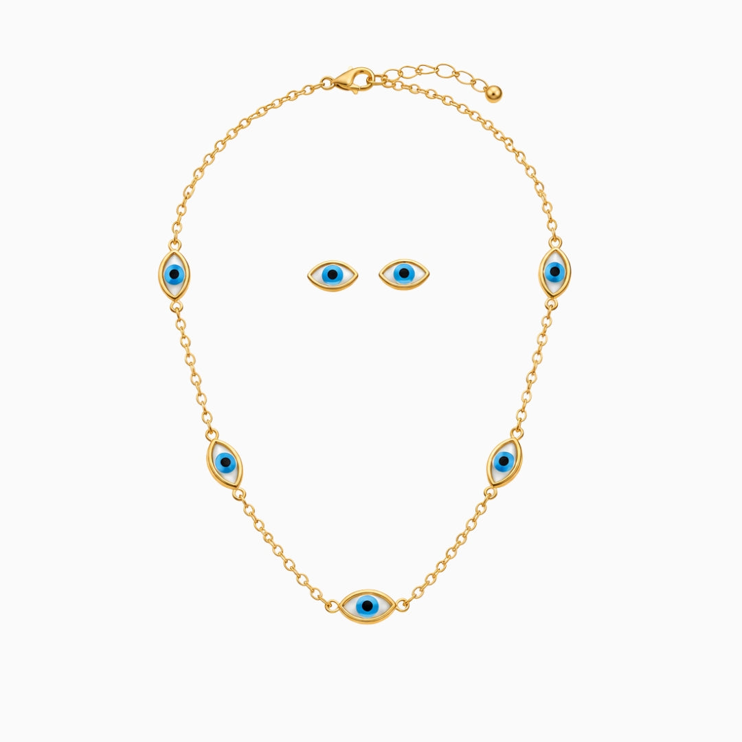 Gold-tone stainless steel evil eye necklace with matching blue and white eye stud earrings