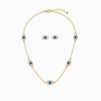 Gold-tone stainless steel evil eye necklace with matching blue and white eye stud earrings