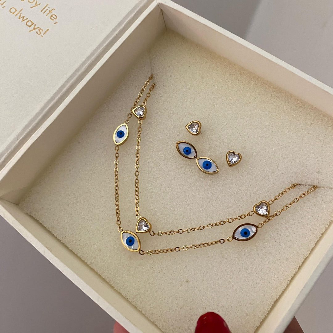 Gold-tone stainless steel heart-station necklace with matching heart stud earrings