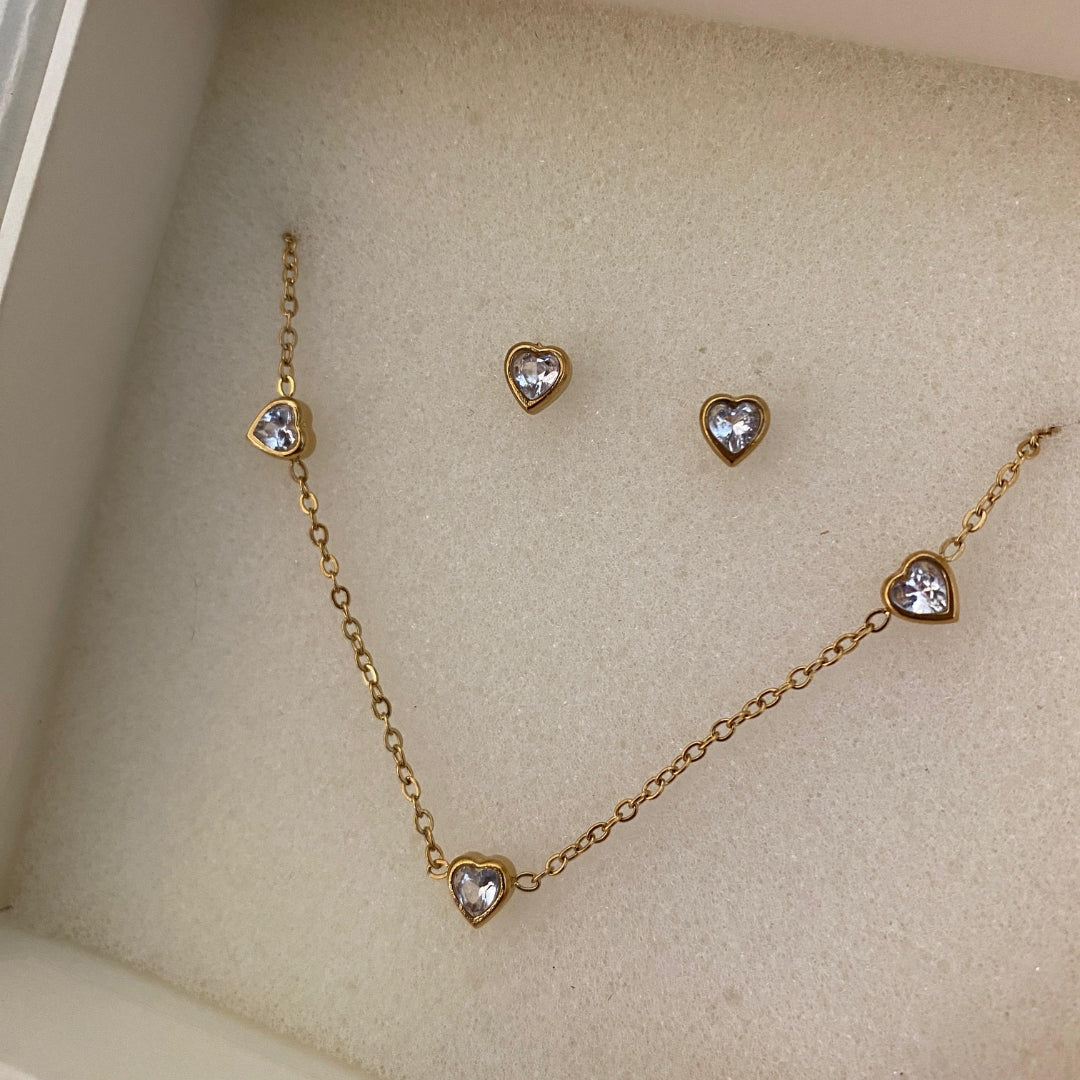 Heart necklace and stud set in a DulchiBliss kraft gift box with striped label