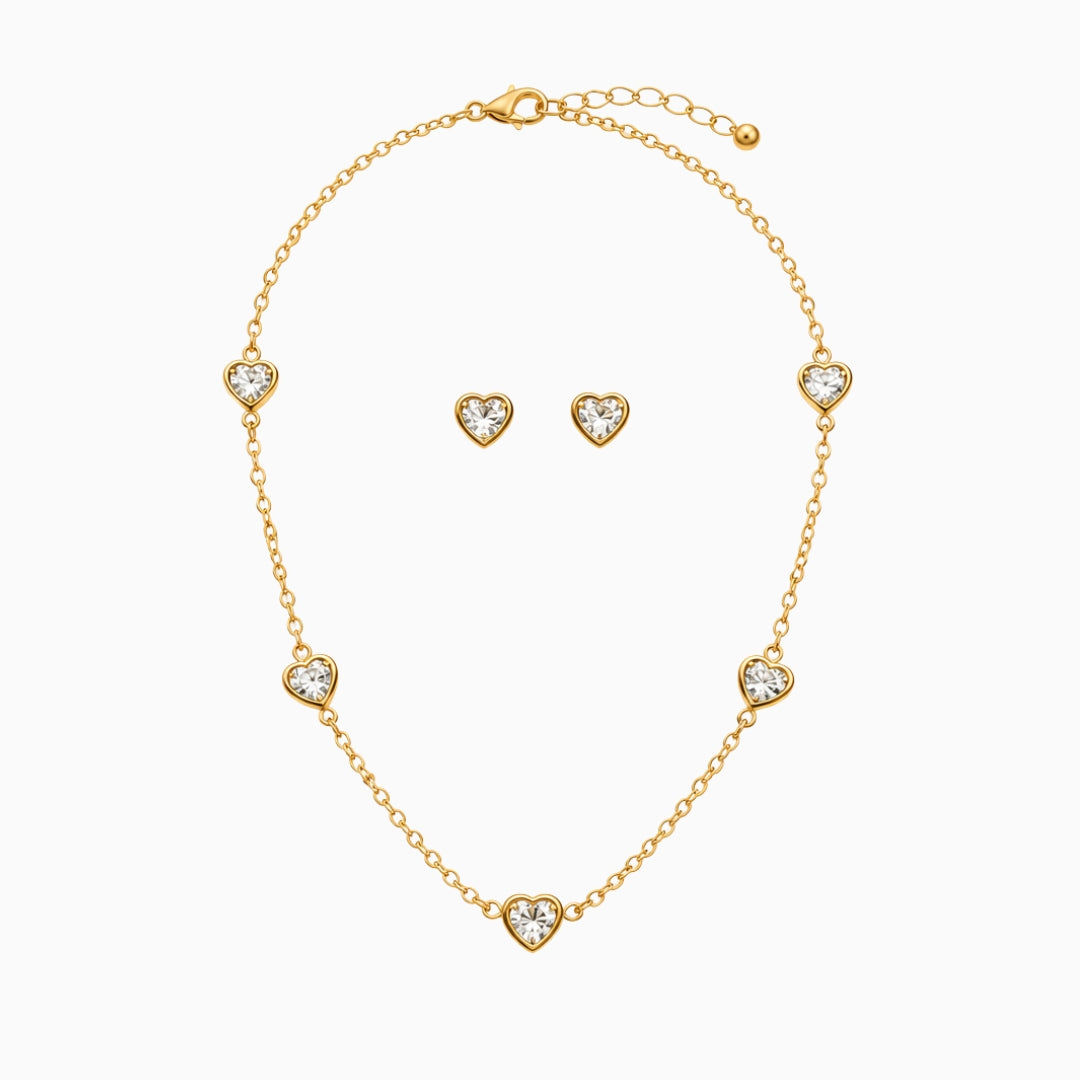 Gold-tone stainless steel heart-station necklace with matching heart stud earrings