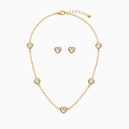 Gold-tone stainless steel heart-station necklace with matching heart stud earrings