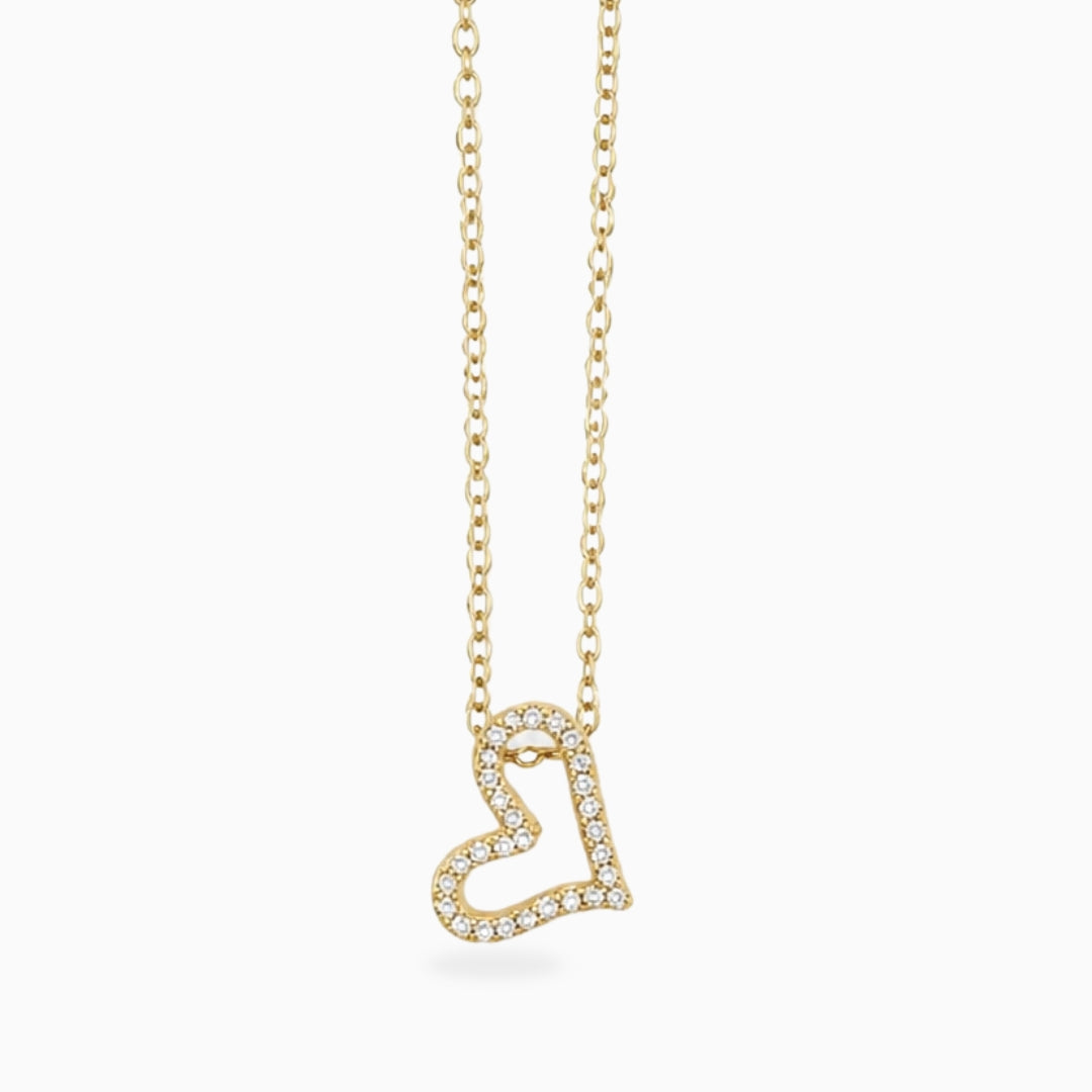 Gold-tone stainless steel necklace with an open heart pendant outlined in small clear stones