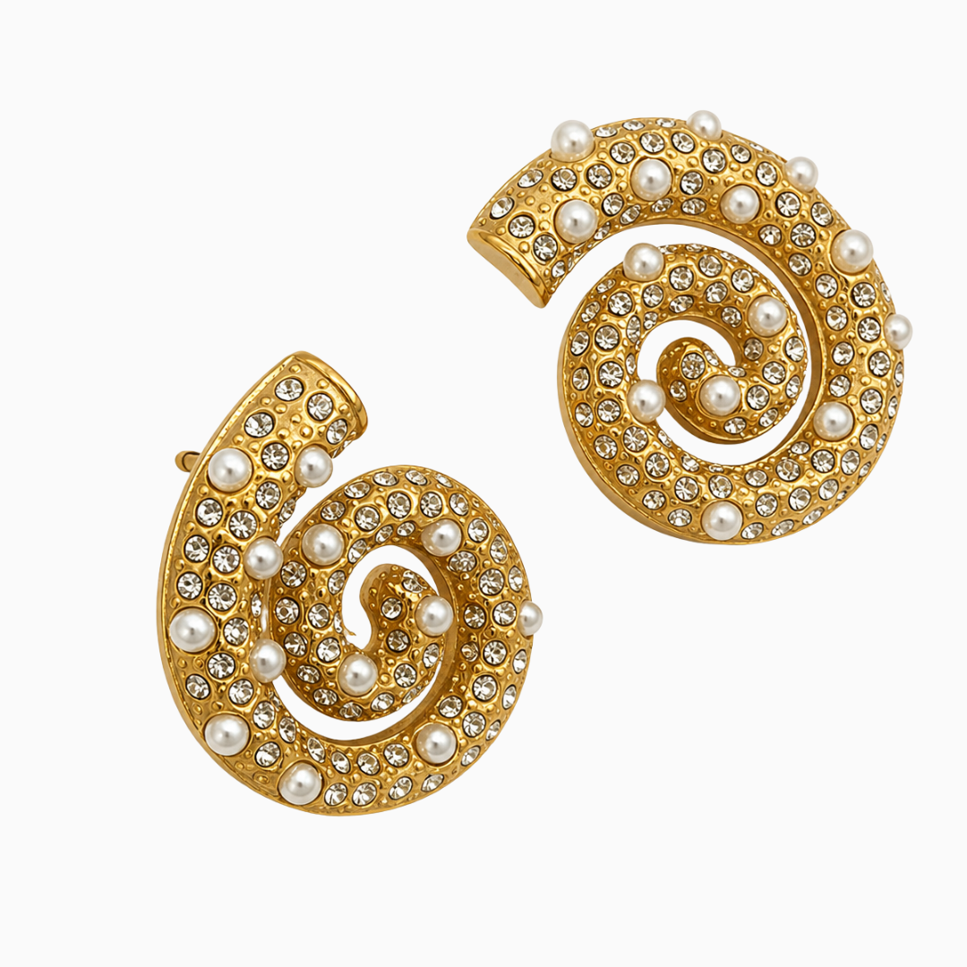 Pair of spiral gold-tone stainless steel earrings with clear stones and pearl-style beads