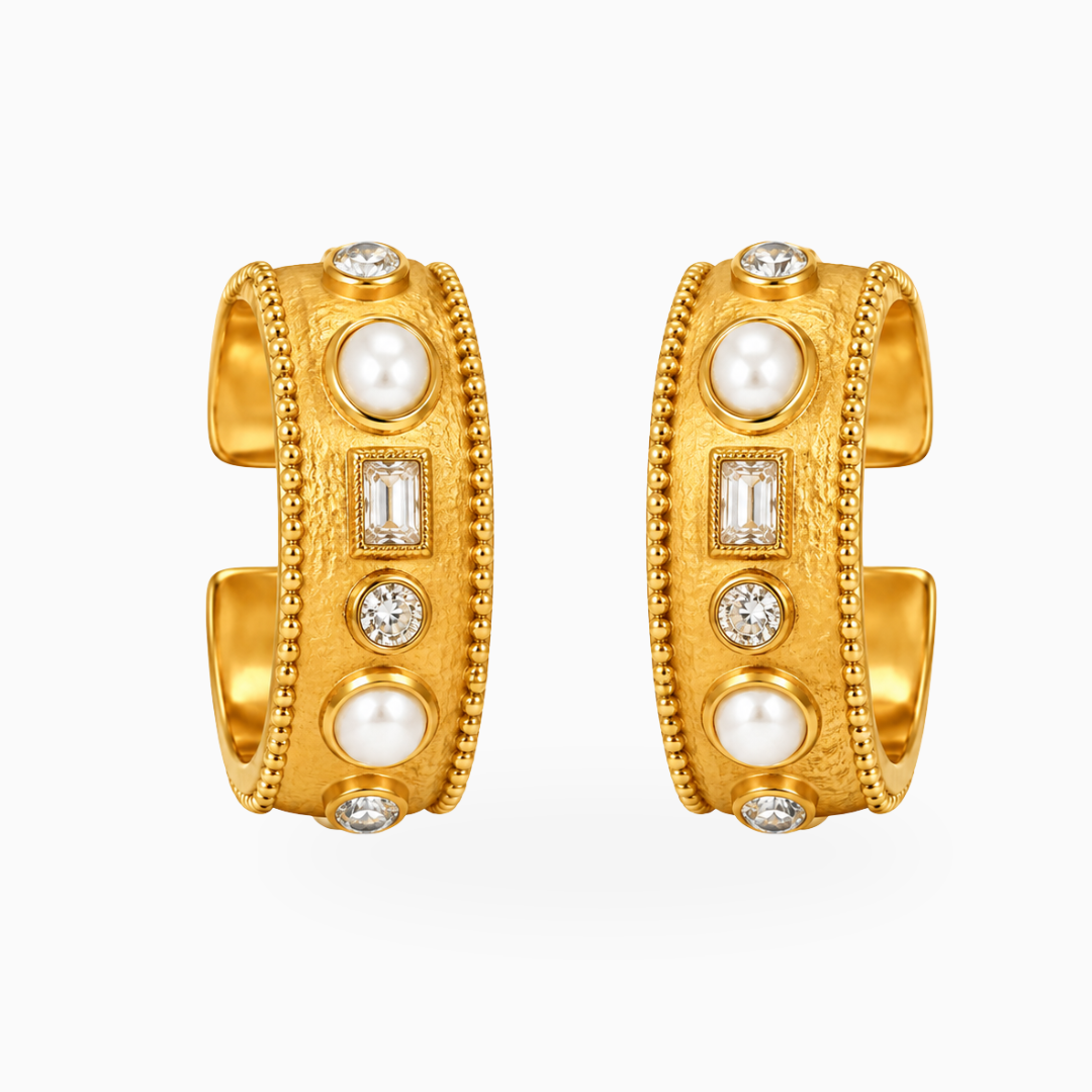 Wide gold-tone stainless steel open cuff set with pearl-style beads and clear stones