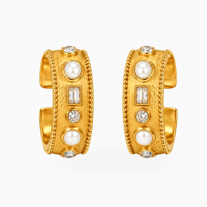 Wide gold-tone stainless steel open cuff set with pearl-style beads and clear stones