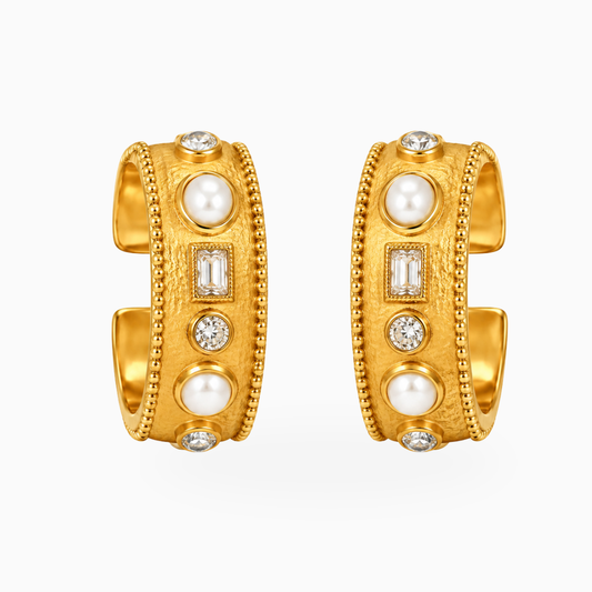 Wide gold-tone stainless steel open cuff set with pearl-style beads and clear stones