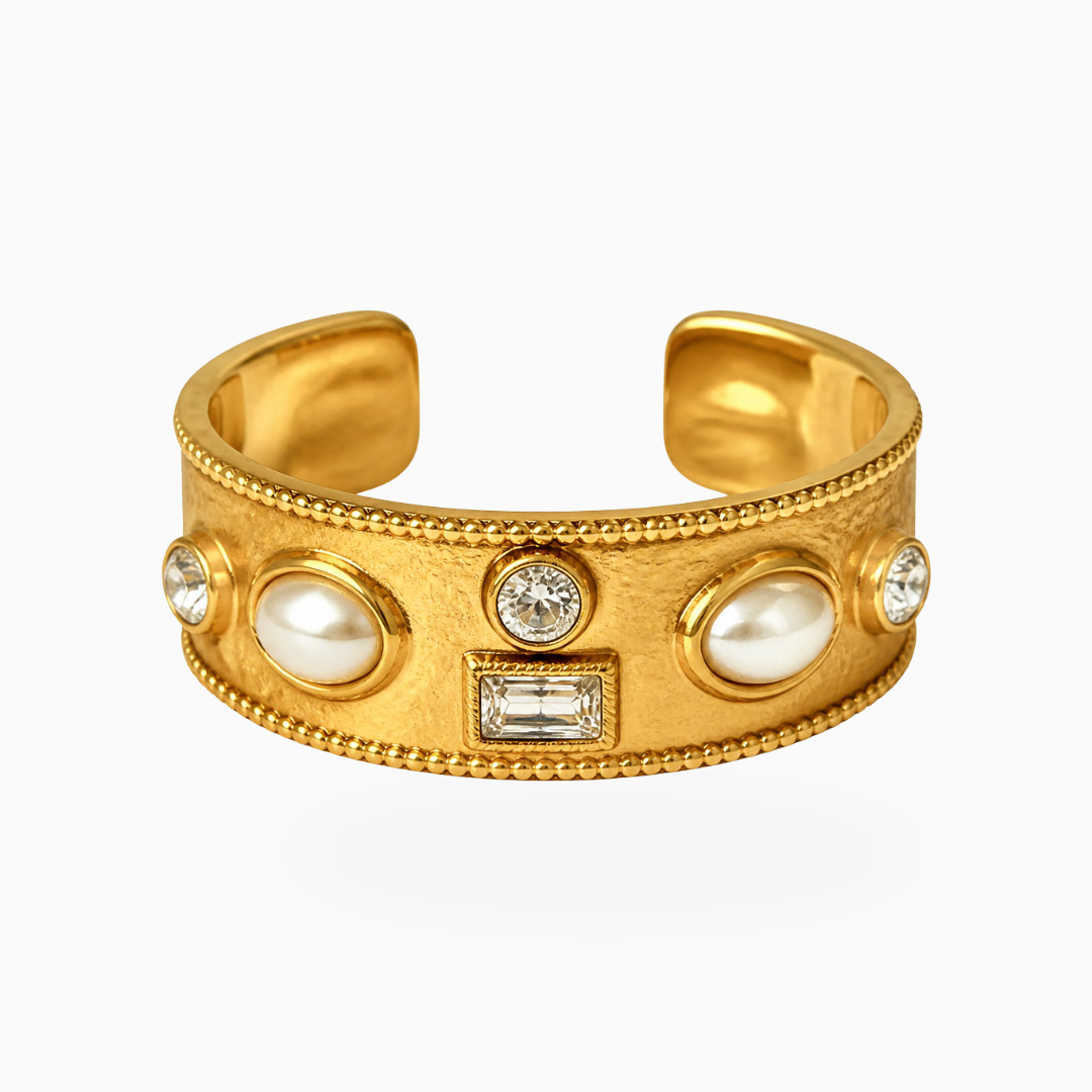 Wide gold-tone stainless steel open hoops set with pearl-style beads and clear stones