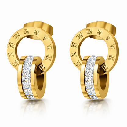 Pair of gold-tone stainless steel earrings with an engraved Roman numeral ring and a stone-set ring