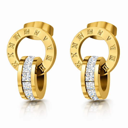 Pair of gold-tone stainless steel earrings with an engraved Roman numeral ring and a stone-set ring