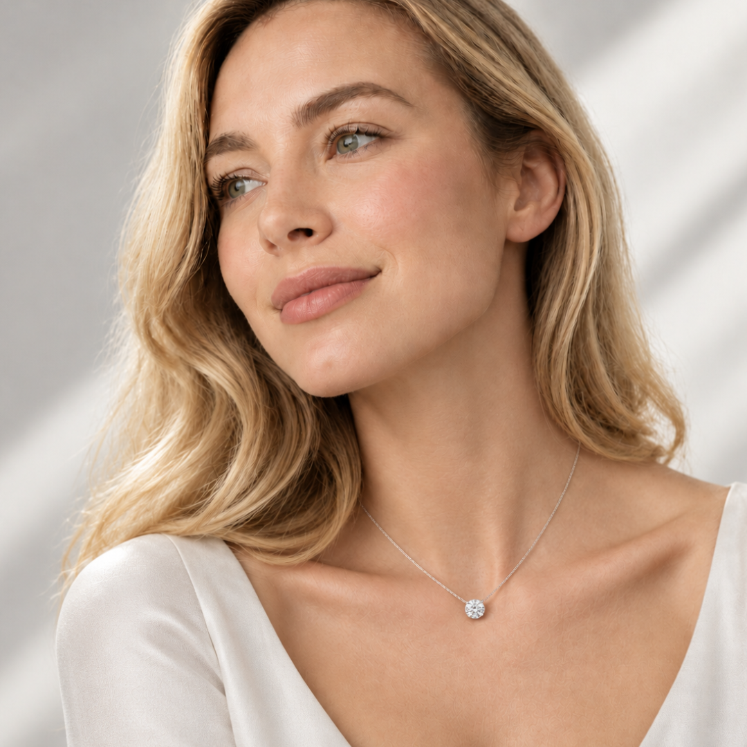 Silver-tone solitaire stone necklace worn on the neck