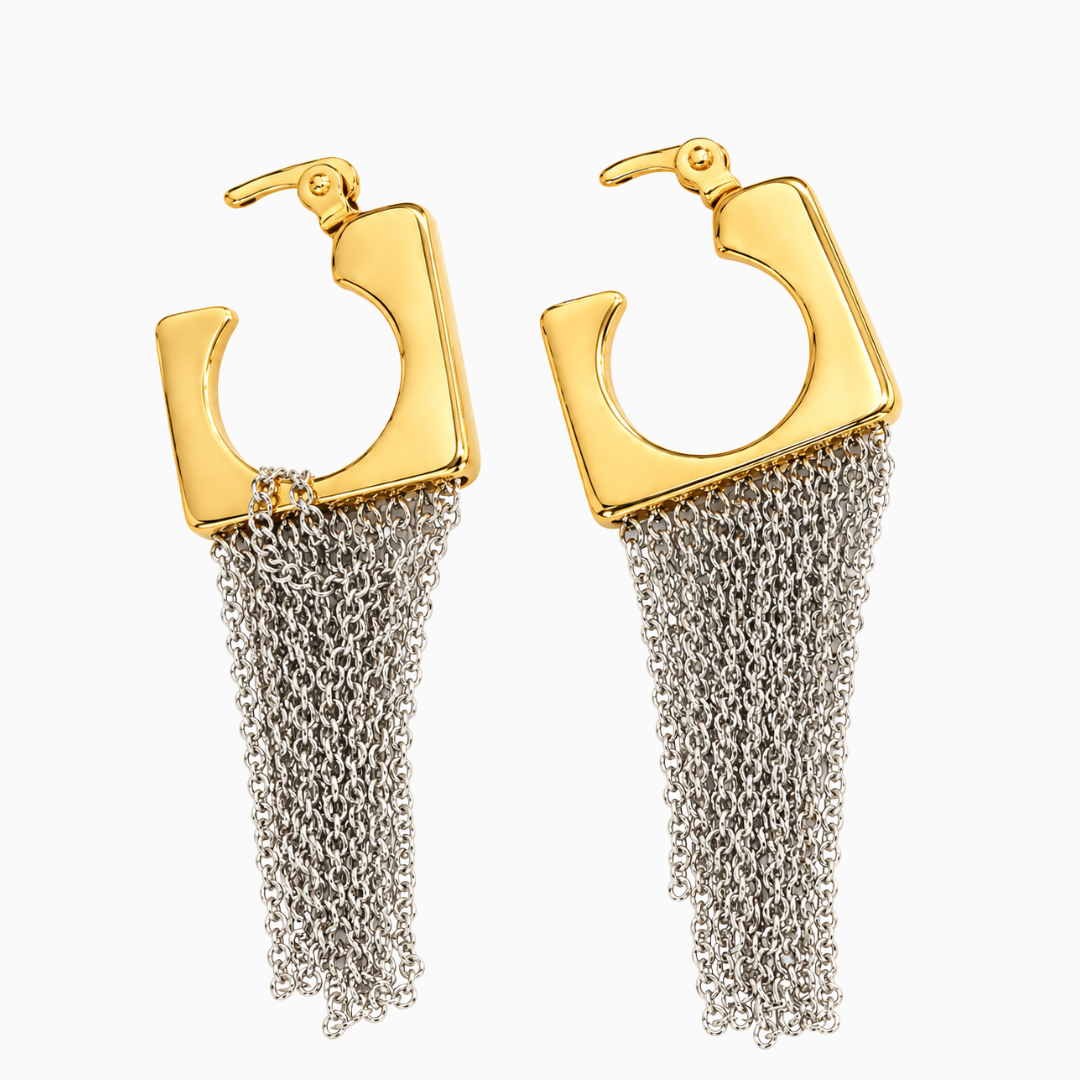 Pair of gold-tone square hoop earrings with silver-tone chain tassels